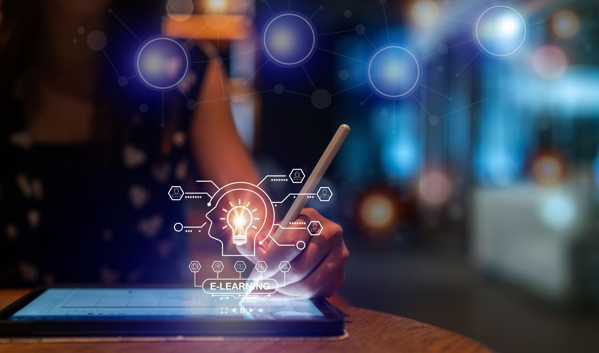 Education technology concept. EdTech. AI (Artificial Intelligence).Webinar Online Courses. lightbulb showing graduation hat, and education icons. Internet education course degree, Idea of learning online class.