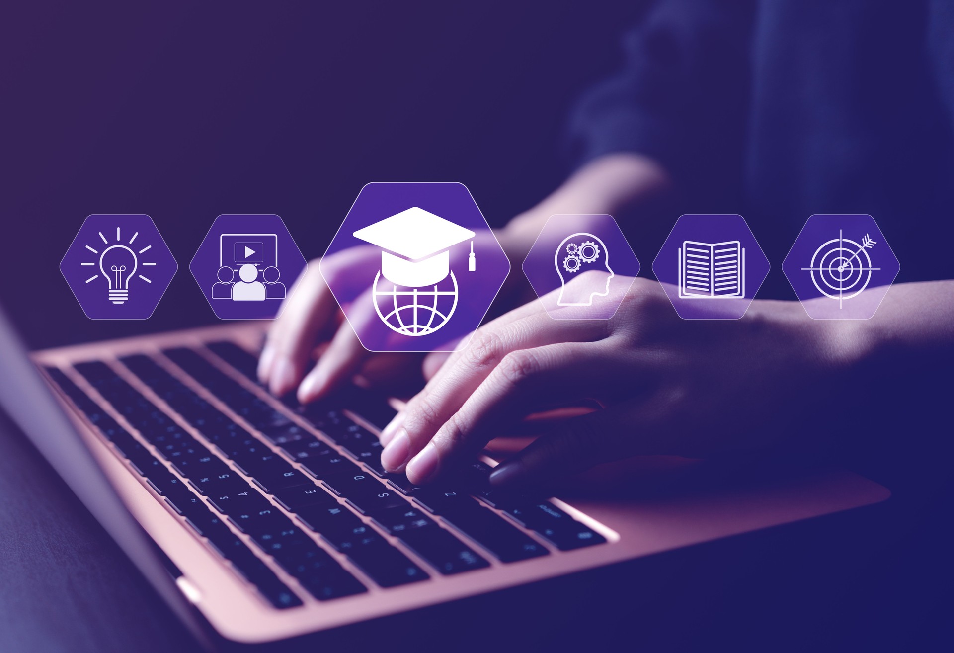 E-Learning and Online Education Technology Concept. Digital icons representing e-learning elements, ideas, global education, learning resources, academic goals, and technology in online education.
